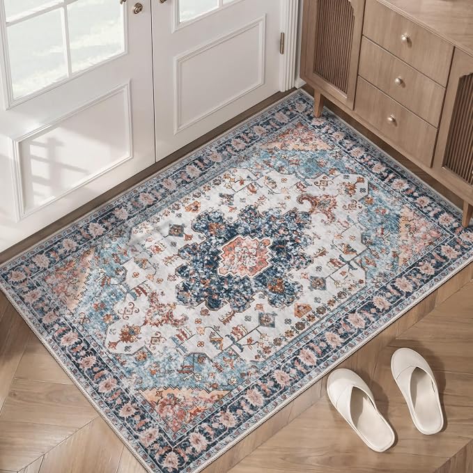 Tangsoo Boho 2x4 Runner Washable Rugs for Entryway, Non Slip Small Area Rug | Oriental Indoor Front Door Print Rug, Vintage Small Carpet, Boho Soft Low Pile Rugs for Entrance Entry Kitchen Bathroom Blue