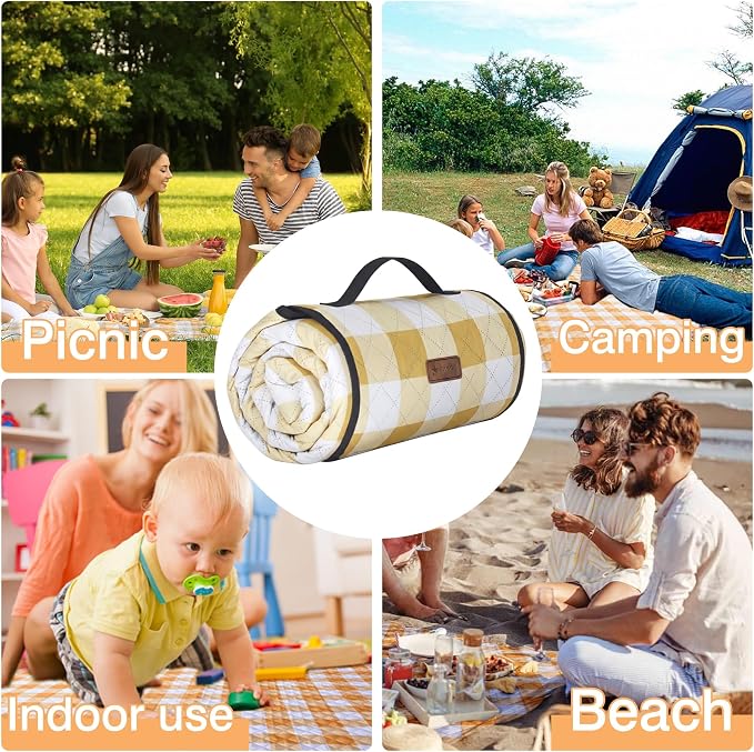 HX&OD Outdoor Picnic Blanket, Extra Large, 80''x60'' Waterproof Foldable Blankets Gingham Picnic Mat for Beach, Camping Grass Lawn Park Accessories Cute Couple Ideas Wedding (Yellow, 80”x60”)