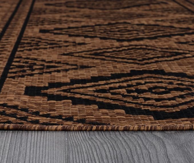 Beverly Rug Waikiki Boho Indoor Outdoor Rug 5x7, Washable Outside Carpet for Patio, Deck, Porch, Bohemian Area Rug, Farmhouse Rugs, Aztec Tribal Rug, Nut Brown and Black