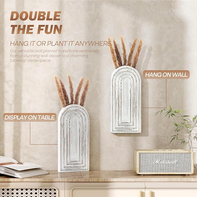 EOSAHR Pine Wood Wall Vases Set of 2 – Farmhouse Wall Decor for Living Room, Bedroom & Office – Hanging Planters for Indoor Plants & Artificial Flowers, Best Boho Chic Decor Accent (Whitewash)
