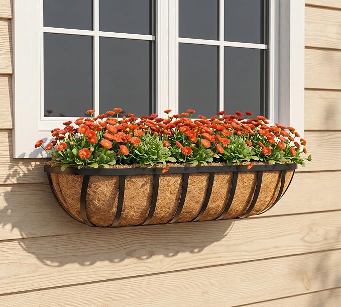 Y&M Window Planter Box Iron Deck Planters – Heavy Duty Steel Flower Troughs with Coco Liner, Adjustable Hanging Brackets for Balcony, Patio, Porch & Garden-30in 2Pcs
