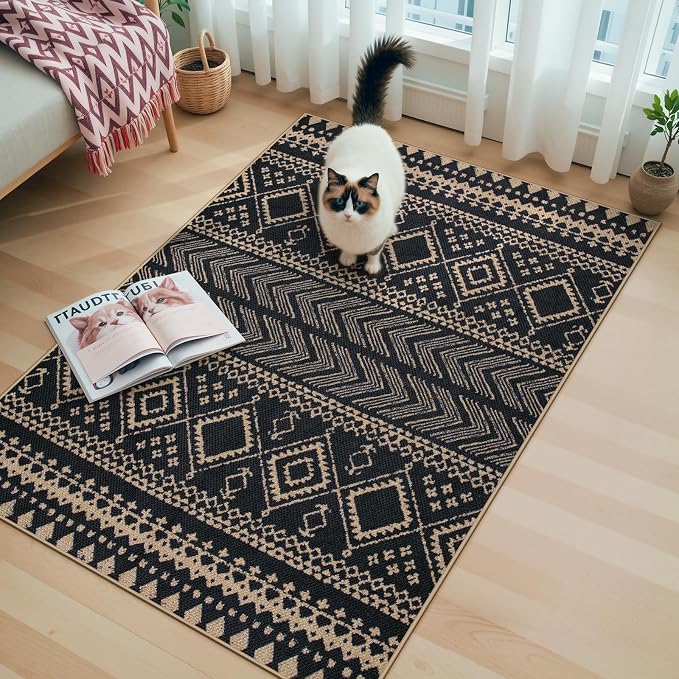 Lahome Boho Western Balcony Rug, Black 3x5 Washable Entryway Rug | Non-Slip Indoor Outdoor Carpet, Western Geometric Print Front Door Carpet for Patio Front Door