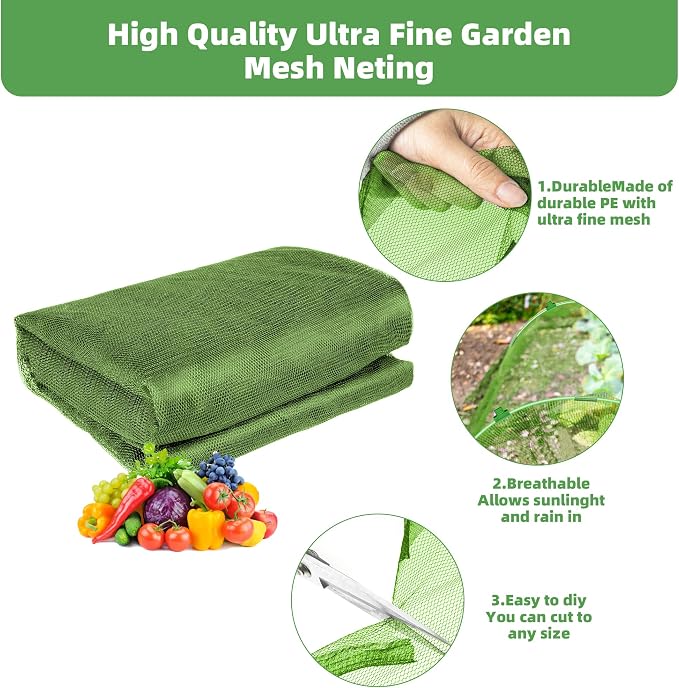 U0U Garden Mesh Netting Kit,7.8 x 24 Ft Plant Netting with Hoops,Bird Net for Garden with 6 Sets Garden Hoops & 18 Clips,Garden Net Bed Cover for Plants Birds Animals Protection