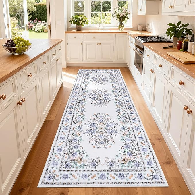 GarveeHome 2x6 Floral Runner Rug for Nursery Vintage Flower Runners | Washable Non-Slip Low Pile Botanical Floor Carpets for Bedroom Multi-Color Floral Area Rugs for Hallway Kitchen Beige
