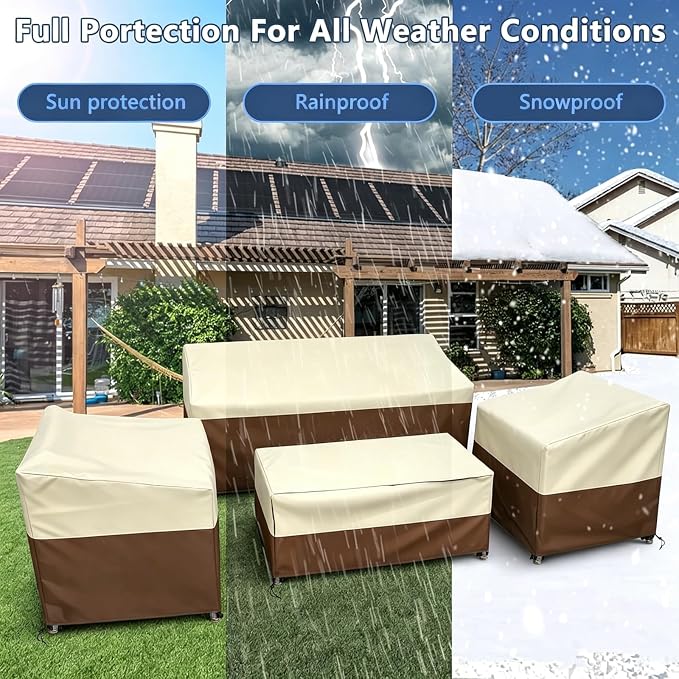 STARTWO Outdoor Furniture Cover Waterproof, 600D Heavy Duty, 4 Piece Patio Furniture Set Cover for Outside Couch, Lawn Chairs, Coffee Table, Windproof with Buckle Strap, Beige
