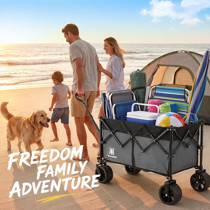 Navatiee 330Lbs Collapsible Folding Wagon, Beach Wagon Cart Heavy Duty Foldable with Big Wheels, Utility Grocery Wagon with 165L Large Capacity for Camping Garden Sports, Gray