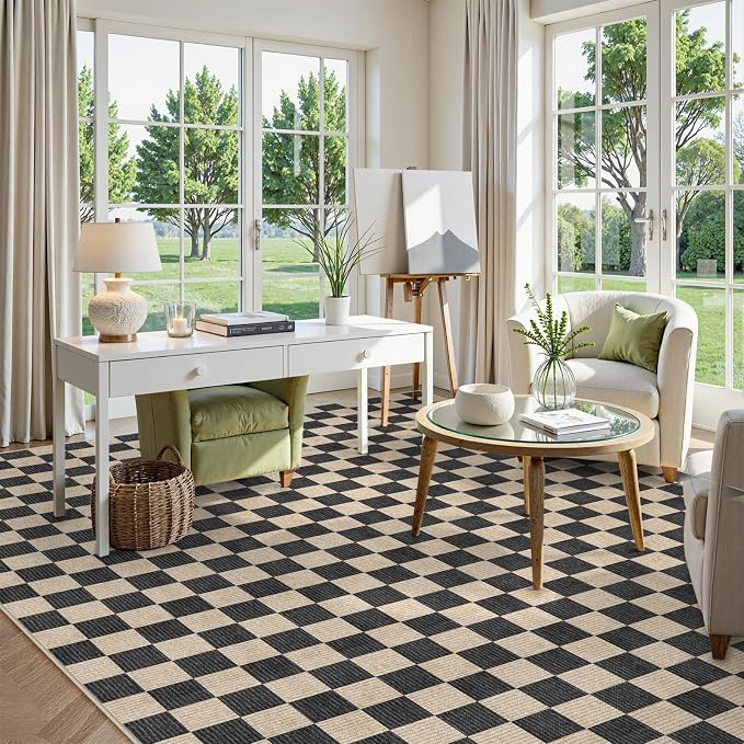 LIVEBOX 10x14 Area Rugs for Living Room, Checkered Non-Slip Washable Rugs, Farmhouse Neutral Classic Geometric Pattern Large Boys Area Rug for Bedroom, Carpet for Dining Room Office (Black,10'x14')