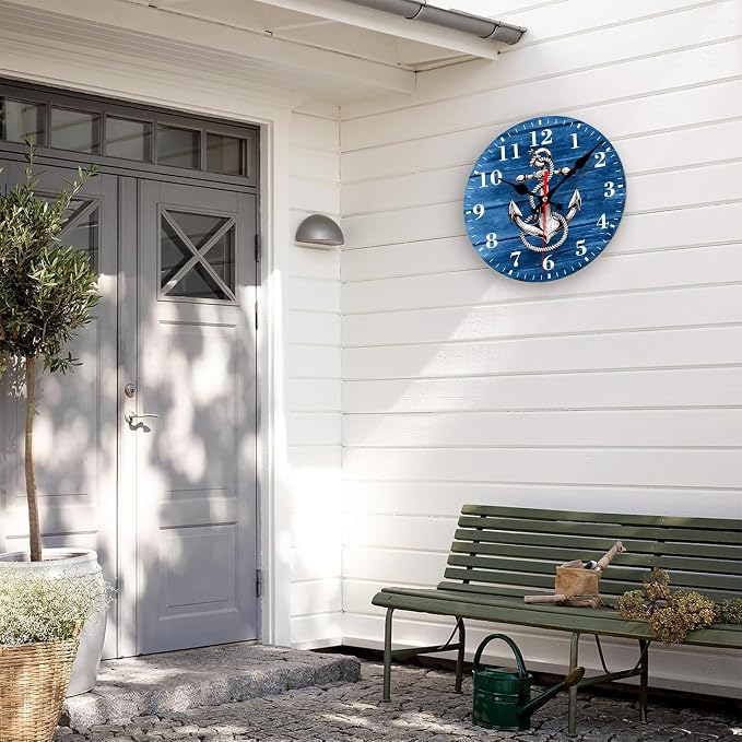 Wall Clock, Nautical Anchor on Blue Wood Silent Non Ticking Battery Operated Round Decorative Indoor Outdoor Clocks for Living Room Kitchen Bedroom Bathroom Patio 12"