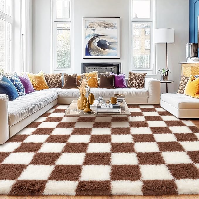 Checkered Rug 9x12 for Living Room, Ultra Fluffy Fuzzy Shag Large Area Rug for Bedroom, Modern Plush Soft Upgrade Non-Slip Carpet for Kids Girls and Boys Room Dorm Home Decor, Cream and Coffee