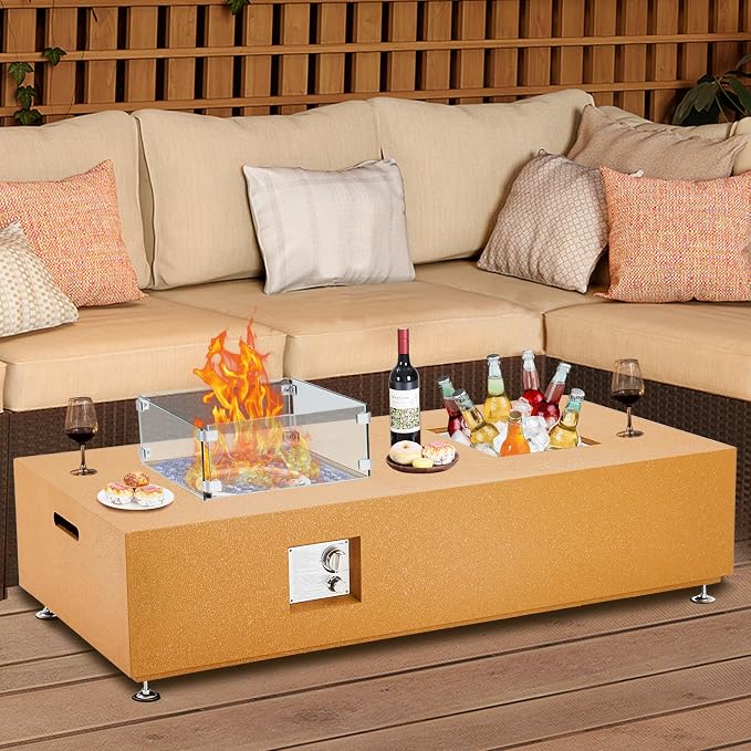 GarveeLife 56" Propane Fire Pit Table with Ice Bucket,50000BTU Fire Table with 13" Square Drink Ice Bucket Wind Guard, Fire Glass Beads & CSA Safety Certified Outdoor Firepit for Patio Garden(Orange)
