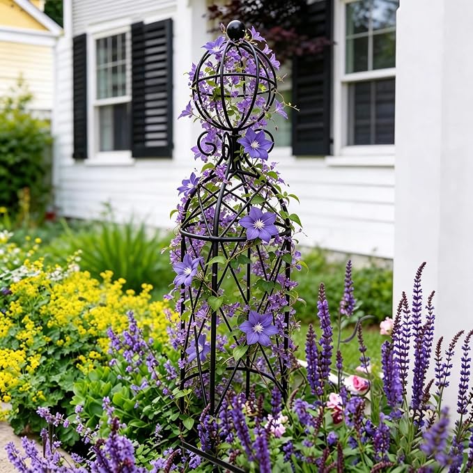 2-Pack Metal Garden Obelisk Trellis, 28" Geometric Sphere Plant Support | Tool-free assembly; fits 9–12in planters, metal obelisk for roses clematis mandevilla vines, 2-pack black outdoor décor