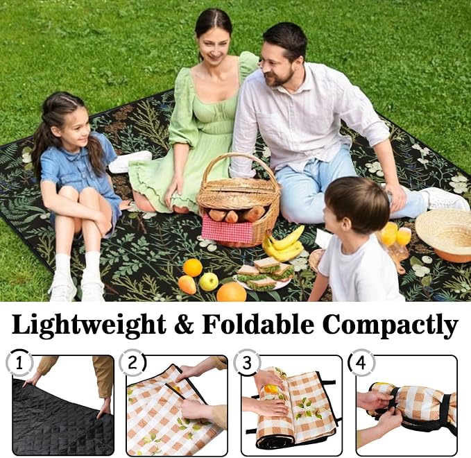 Picnic Blankets Waterproof Foldable Extra Large,80"x 80" Outdoor Beach Blanket Sandproof,3-Layer Lightweight Handy Mat Tote Picnic Camping Rugs for Outside Your Rv (Botanical Fern Leaves Floral Sage)