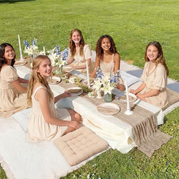 Extra Large Outdoor Picnic Blanket with Table Runner and Floor Pillow Cushion for Picnic Wedding Birthday Baby Shower Backyard Decor (91 x 71'',Brownish Beige,Light Camel, Light Beige,8 Pcs)