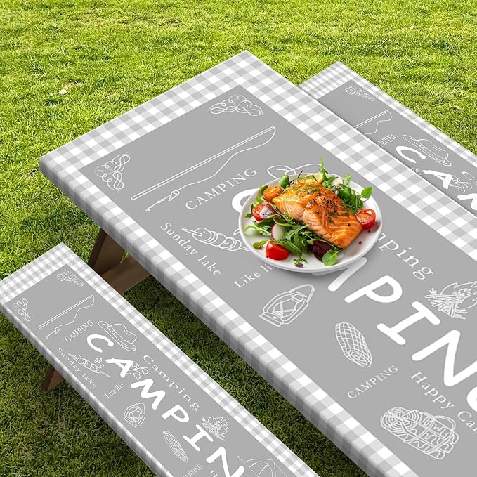 Picnic Table Cover with Bench Covers Elastic Edges, Grey Camper Fitted Table Cover, Outdoor Patio Camping Essentials 72 Inch 3PCS, Waterproof Camping Fitted Tablecloth with Drawstring Bag