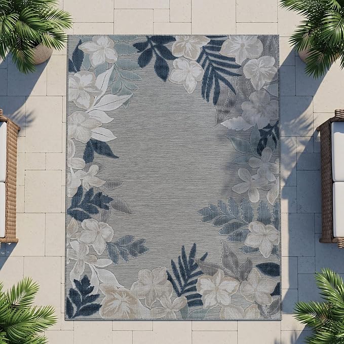 Outdoor Rug 9x12 Washable Area Rugs Indoor Outdoor Carpets Blue Border Floral Non Shedding Waterproof Easy Clean Patio Deck Porch Living Room Bedroom Garden RV (9 X 12 Blue)