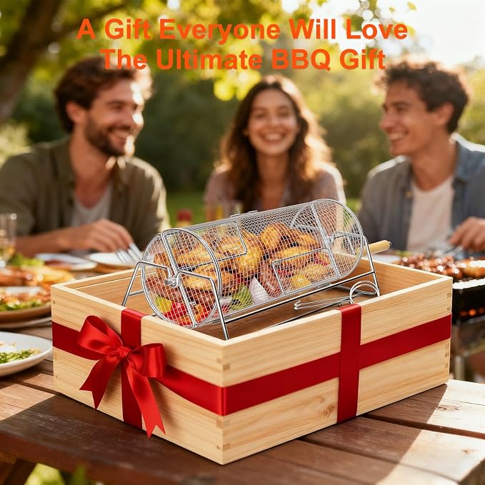 Rotatable Rolling Grill Baskets, 304 Stainless Steel, Even Cooking Nesting Grilling Net, BBQ Accessories Tools for Vegetables Shrimp, Outdoor Camping, Gifts for Birthday/Men/Dad/Husband