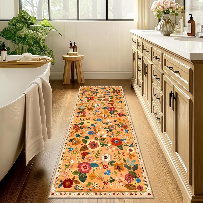Floral Washable 2x6 Area Rugs Runner Entryway Hallway Orange/Yellow/Red | Flower Carpet, Print, Boho, Non-Slip, Easy to Clean, Low Pile, Soft, for Living Room Bedroom Kitchen Office Entrance
