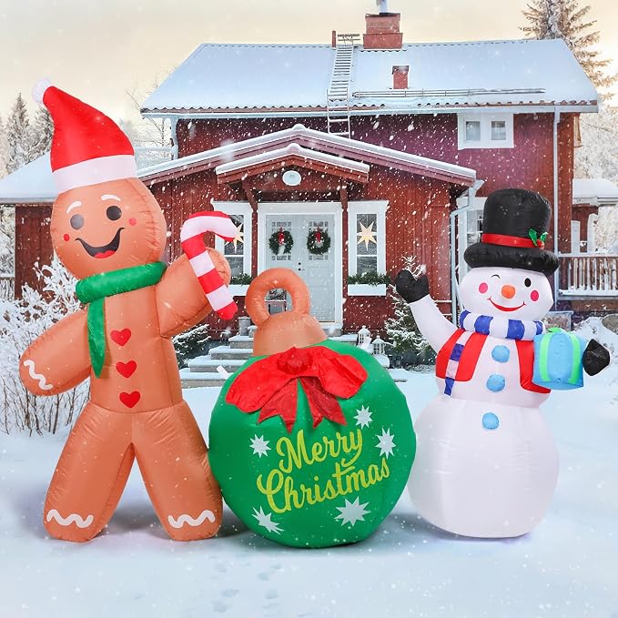 MUMTOP Inflatable Gingerbread Man-Christmas Inflatable Outdoor Decoration - 6.3 FT Gingerbread and Snowman Inflatables with Ball Blow Up Lighted Holiday Displays for Garden Yard Outside Decor