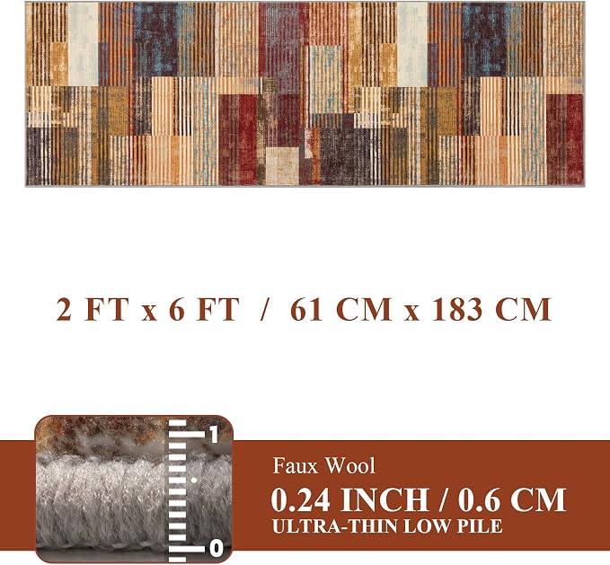 Brown Runner Rug 2x6 for Hallway, Farmhouse Rugs Washable,Vintage Burgundy Carpets,Burnt Orange Area Rug Non Slip,Geometric Boho Rug for Kitchen