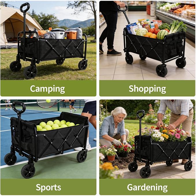 Foldable Wagon Cart, Collapsible Utility Wagon with All Terrain Wheels, Portable Folding Cart for Camping Garden Shopping Grocery Sports (Black, Medium Without Tailgate)