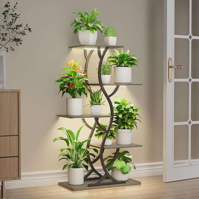Plant Stand Indoor with Grow Lights - 44" Tall Corner Plant Stands for Indoor Plants, 5 Tiered Metal Plant Shelf, Curved Plant Flower Holder Dispaly Rack for Living Room, Home Patio Balcony (Gray)