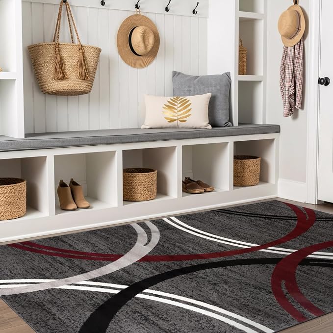 Rugshop Wavy Circles Modern Non-Shedding Living Room Area Rug Red 6'6" x 9' | Rectangular, Size 6'6" x 9', Bedroom, Dining Room, Home Office, Kitchen, Entryway, Hallway, Nursery, Kids Room, Guest Room