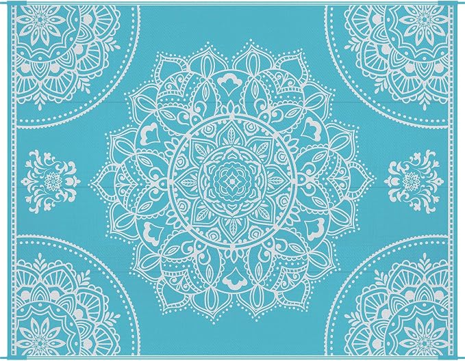 Pauwer Waterproof Outdoor Rug 8x10, Reversible Plastic Straw Patio Camping Rug, Indoor Outdoor RV Mat Carpet for Deck, Camper, Porch, Balcony, Backyard, Picnic, Floral Teal
