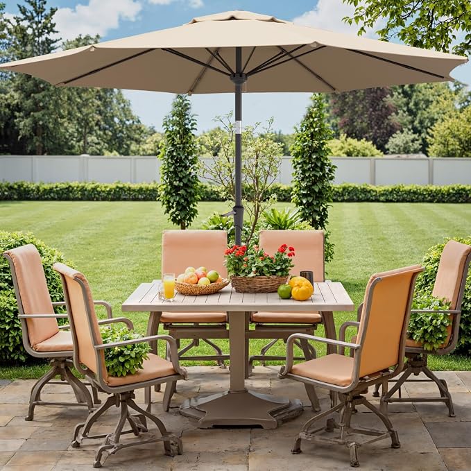 Outdoor Patio Umbrella with One Push Button Tilt and Crank, 8 Sturdy Ribs Market Table Umbrella