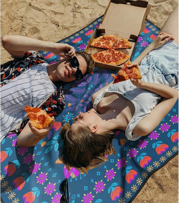 Picnic Blankets Extra Large Waterproof, 80"x 80" Dark Floral Beach Mat with Corner Pockets Windproof Sandproof Foldable Portable 3-Layer Mat Darker for Wet Grass,Parks,Music Festival,Camping,Concerts