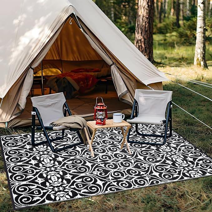 OLANLY Outdoor Rug Waterproof 6x9 ft Clearance, Reversible Outdoor Plastic Straw Rug with Floral Pattern, RV Mat for Patio, Camping, Balcony, Deck, Backyard, Black & White