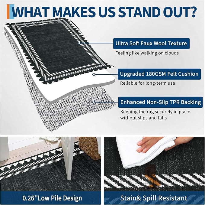 GarveeHome Washable Area Rug 9x12 Black Rugs Unique Bordered Neutral Living Room Rug,Modern Geometric Rug for Farmhouse Non Slip Soft Non Shedding Low Pile Neutral Carpet for Open Spaces Office