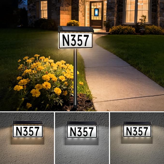 Solar House Numbers Sign, 56 LEDs 3-Color Adjustable (Warm/Cool/Natural White), IP65 Weatherproof, 2000mAh Battery Solar Address Sign for Home Mailbox Driveway Garden