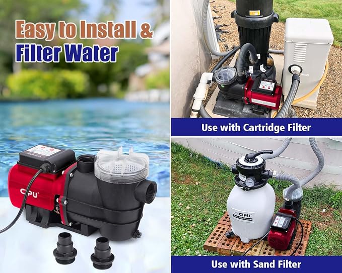 CIPU 1/2 HP Pool Pump with Timer, 3120 GPH, Filter Basket, 115V | Self-priming 3120GPH above ground pool pump includes timer function & hose adapters replacement for sand filter system.