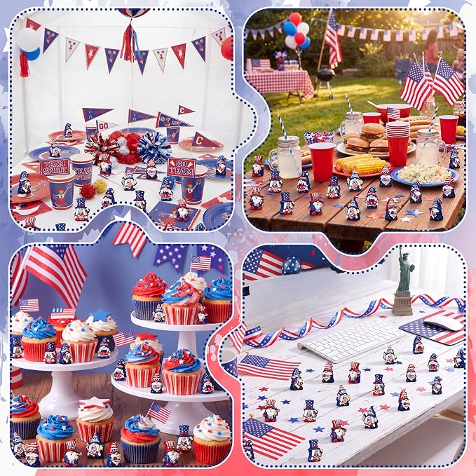 Yaomiao 60 Pcs Mini Resin 4th of July Gnomes Figurines Bulk Small Resin Patriotic Gnome 250th Anniversary Miniature Gnomes USA America Independence Day Decoration for Table Landscape Tiered Tray Decor