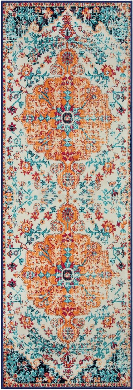Lahome Bohemian Floral Medallion Runner Rug - 2'8" x 8' Oriental Distressed Hallway Runner Rug Country Vintage Washable Non-Slip Laundry Carpet Soft Low-Pile Indoor Mat for Entryway Bedside Decor