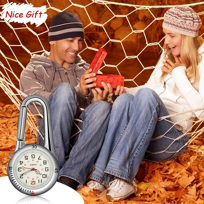 Hicarer 2 Pieces Clip on Quartz Watch Backpack Fob Belt Glow in The Dark Unisex Pocket Watch with White Dial for Doctors Nurses Outdoor Activities