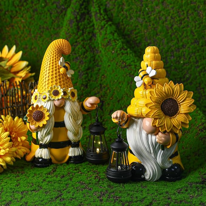 Suzile 2 Pack Sunflower Bee Gnome 9.4 Inch Garden Outdoor Statue Solar with Lantern Lights Gnomes Gifts for Women Outside Sunflower Bee Figurine for Yard Courtyard Lawn Patio Porch Decor