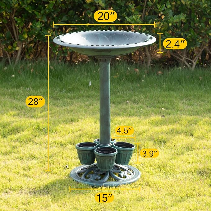 Bird Bath for Outside with 4 Removable Flower Planters 28in Polyresin Lightweight Vintage Birdbath Stake Standing Bowl and Water Feeder Yard Gardan Decor Green