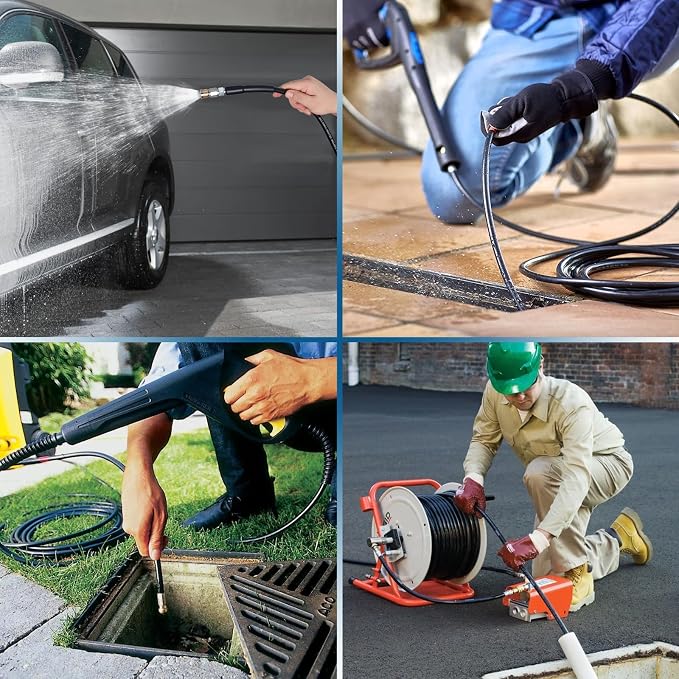 100FT Sewer Jetter Kit for Pressure Washer, 5800PSI Drain Cleaner Hose 1/4 Inch NPT Corner with 4 Sewer Jetting Nozzles,Waterproof Tape,Pearl Corsage Pin,Handle Strap & 2 Spanners (Black)