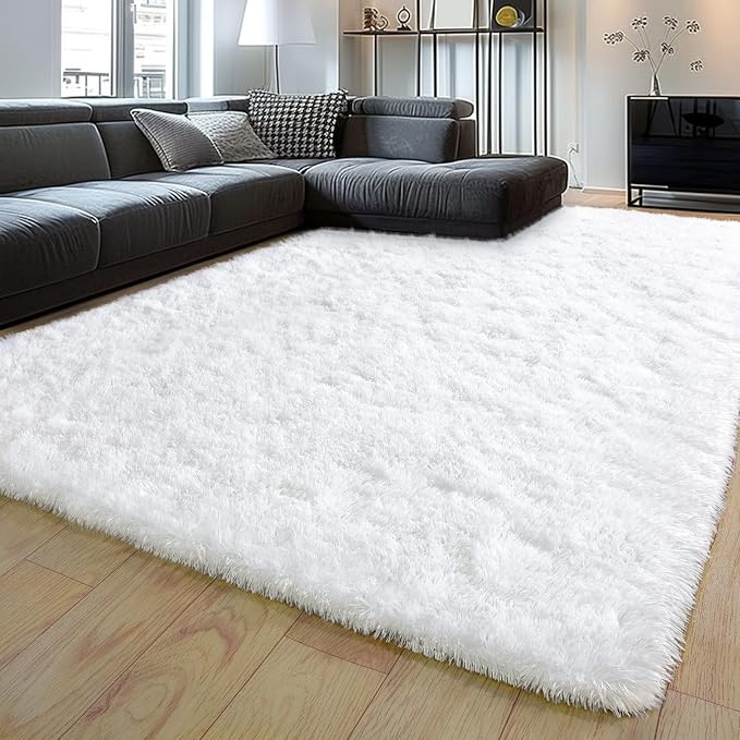 Soft Shag Fluffy Living Room Rug 6x9 White Washable | Upgrade Non-slip, 6 x 9 Shaggy Area Rugs for Bedroom, High Pile Fuzzy Plush Carpet Girls Kids Room Dorm, Flame Resistant