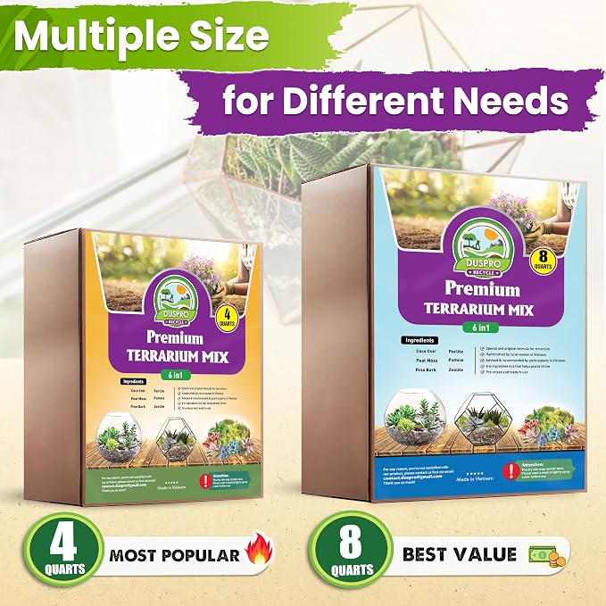 DUSPRO Premium 6in1 Terrarium Soil Mix ā Pre-Mixed Terrarium Substrate Mix for Terrariums, Balanced Moisture Growing Medium with Coco Coir, Peat Moss, Pine Bark, Perlite, Pumice & Zeolite 4QRT