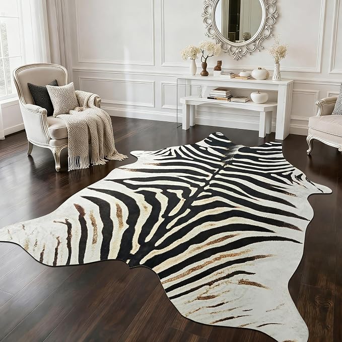 BENRON Zebra Rug, Animal Print Rug for Living Room Bedroom 5.2x6.2ft | Western Faux Zebra Print Rug, Animal Skin Carpets, Non-Slip Throw Rug for Home Decor, Black and Brown, Ivory