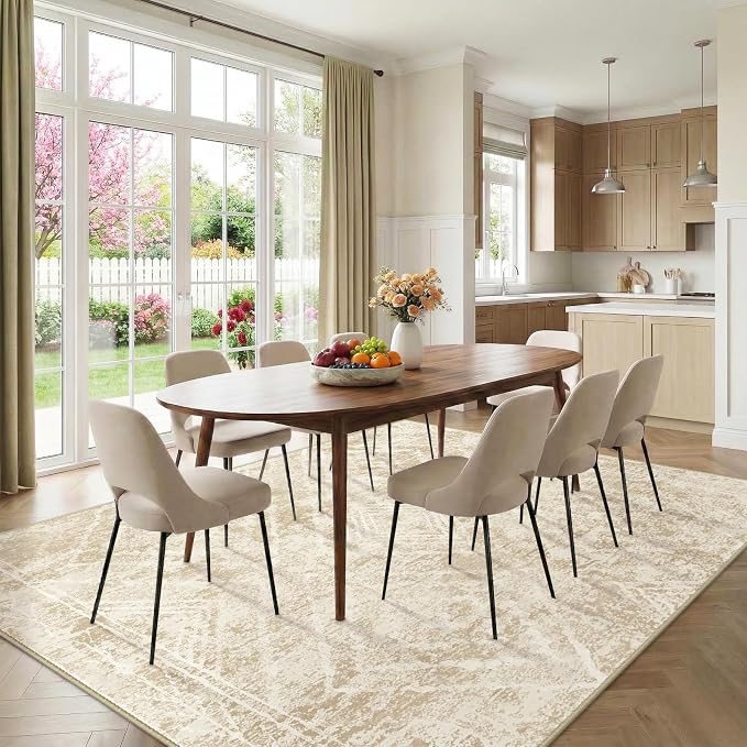 8'x10' Washable Area Rug for Living Room Beige/Lightbrown | Soft Western No Slip Low Pile Print Foldable Indoor for Kitchen Dining Room