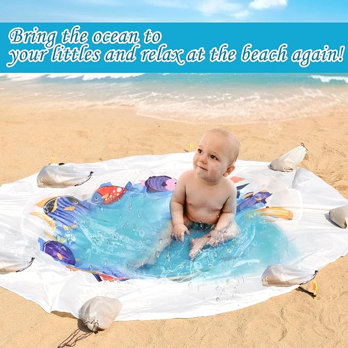 Dia 6.6Ft Baby Beach Pool, 2 in 1 Portable Round Kids Beach Play Pool Puddle Toddler Beach Blanket and Kiddie Pools Blue Cartoon Childs Sand Pit Paddling Pools with Water Bag for Boy Girl Outdoors