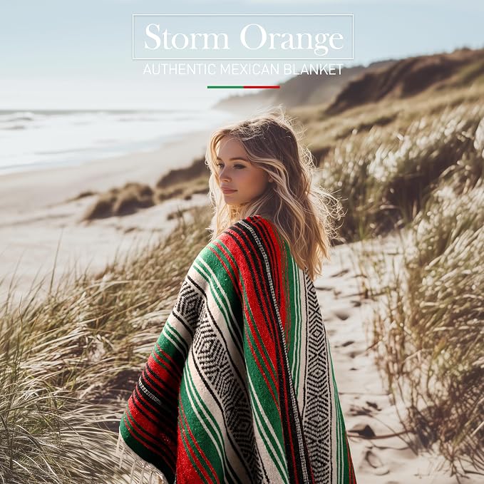 Hydration Nation Authentic Extra Large Mexican Blanket (70"x50") - Handwoven Yoga, Serape- Artisanal Falsa, Beach, Camping, Picnic, Outdoor - Storm Orange