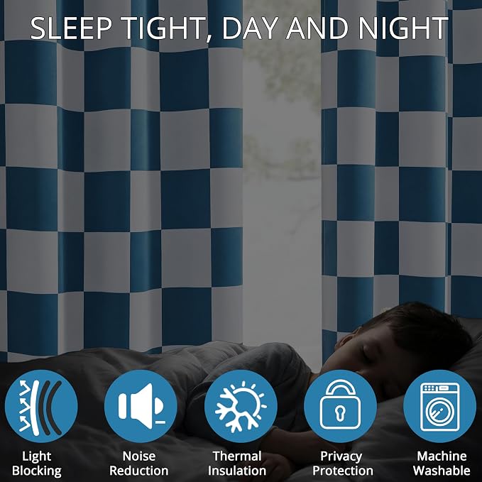 100% Blackout Checkered Curtains – 2 Panels, Each W52×L63, Thermal Insulated, Nosie Reducing for Bedroom, Modern Ocean Blue and White Checkerboard Design