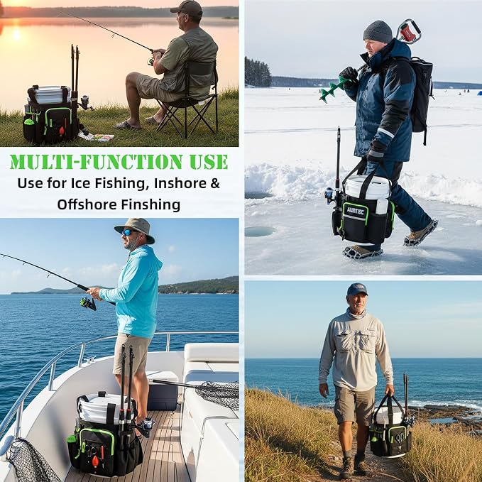 AUMTISC 5 Gallon Bucket Fishing Organizer, Waterproof Ice Fishing Bucket Tool Bag with Rod and Tackle Boxes Holder, Multi-Pocket Tool Caddy Bags for Fishing Gear and Equipment