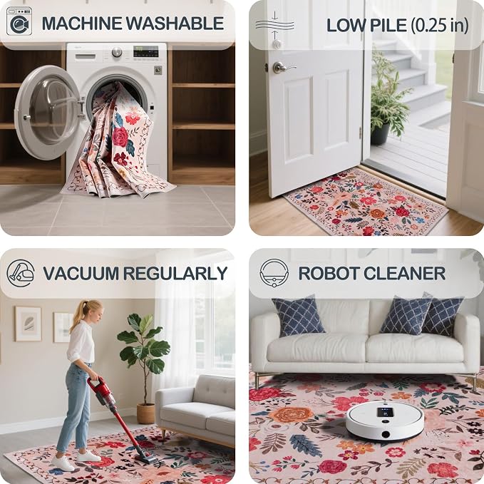 Washable Beige Red 2'6" x 10' Runners for Hallways, Non Slip Long Floor Runner for Kitchen, Entryway Indoor, Stain Resistant Rubber Backing Floral Décor Rug
