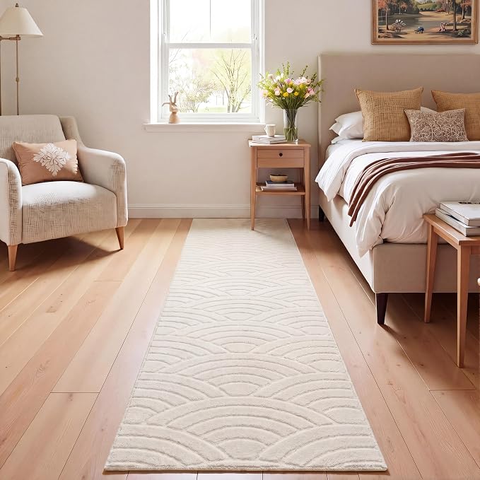 SHACOS Soft Cozy Fluffy Arch Waves Pattern High-Low Textured Runner 2'x8' | Non Slip Rugs Washable Minimalist Rug Modern Graphic Rainbow Carpet for Living Room Bedroom Bathroom Kitchen Hallway, Cream