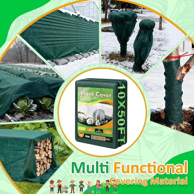 Green Plant Covers Freeze Protection, 10 x 50 ft - 0.9 oz/yd² Frost Cloths for Outdoor Plants, Tree Covers Freeze Protection, Winter Garden Blanket, Sun Cover for Plants for Greenhouse, Vegetables